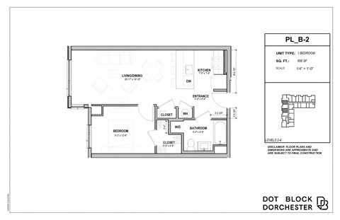 Floor plan for 1 bed, 1 bath, 658 sqft